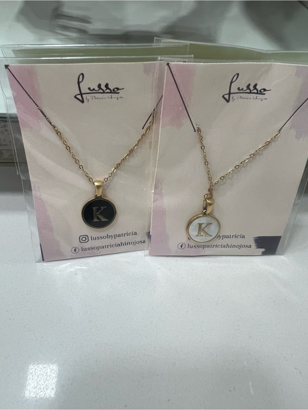 Gold Initial 'K' Pendant Necklace - Black or White Enamel